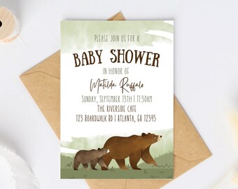 Woodland bear baby shower invitation template, digital download, 5x7 printable