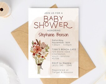 Boho floral print baby shower invitation template, digital download, 5x7 printable