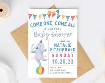 Carnival baby shower invitation template, baby elephant, digital download 5x7, printable