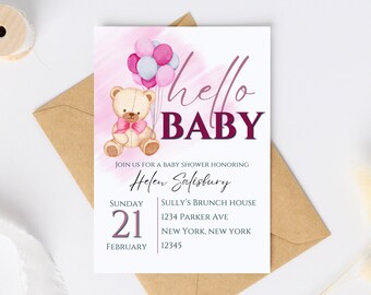 Pink bear baby shower invitation digital template, 5x7 printable
