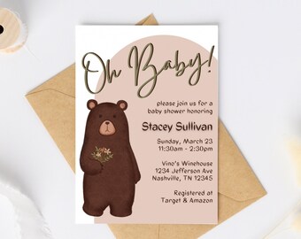 Oh baby teddy bear baby shower invitation template, digital download, 5x7 printable
