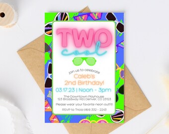 Neon two cool birthday party invitation digital template, 5x7, printable