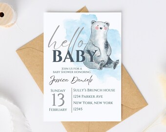 Polar bear baby shower invitation template, winter baby shower, digital download, 5x7