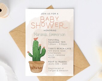 Boho watercolor cactus baby shower invitation template, digital download, 5x7 printable