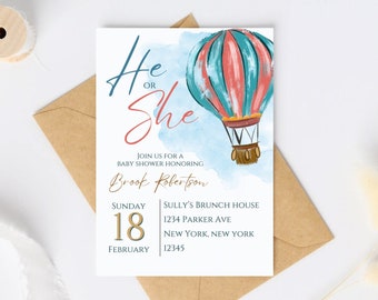 Hot air balloon baby shower invitation template, gender reveal, digital download, 5x7 printable