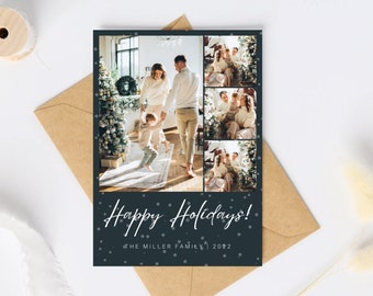 Happy holidays instant digital download greeting card template, snowflakes, 5x7 card, photo holiday card, editable, printable