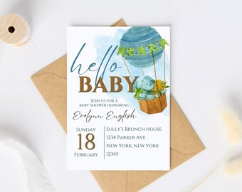 Hot air balloon elephant baby shower invitation template, digital download, 5x7 printable