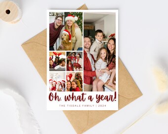 Holiday greeting card template, instant digital download, with pictures, simple modern holiday card, printable, editable, red and white