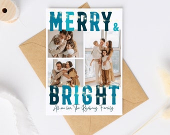 Merry and bright holiday greeting card with photos digital template, printable, 5x7