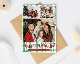 Happy Holidays instant digital download greeting card template, plaid, 5x7 card, photo holiday card, editable, printable