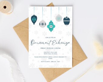 Ornament exchange digital download invitation template, editable, printable, instant download, Christmas, holiday party, invite, blue