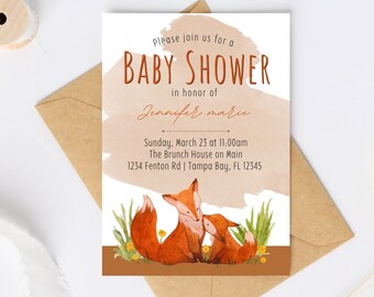 Woodland fox baby shower invitation template, digital download, 5x7 printable