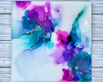 Painting original colorful vibrant  wall art resin over alcohol ink