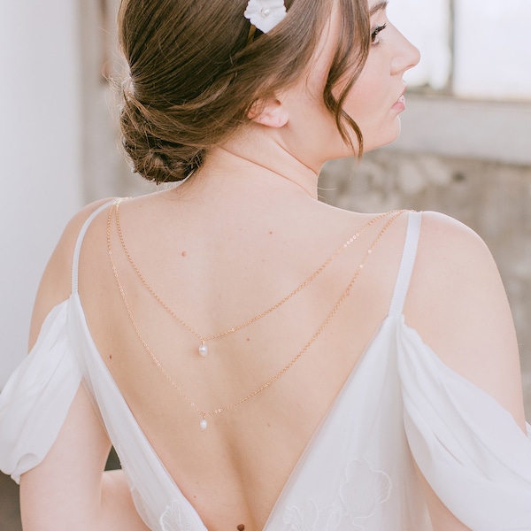 Rückenkette GRETA in Gold oder Silber mit Süßwasserperlen, Rückenkette für Brautkleid, Rückenkette 18k vergoldet oder Sterling Silber