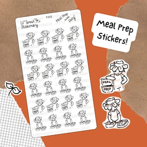 Könnte beinhalten: Ein Bogen mit schwarz-weißen Aufklebern zum Thema Essenszubereitung. Die Aufkleber zeigen eine Zeichentrickfigur, die Mahlzeiten zubereitet, mit dem Text "Meal Prep" und "Meal Prep Stickers!" Die Aufkleber sind für Schreibwaren bestimmt.