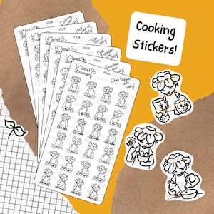 Könnte beinhalten: Eine Sammlung weißer Aufkleber mit schwarzen Strichzeichnungen. Die Aufkleber zeigen eine florale Figur und Text wie "Cooking Stickers!" und "Chop Veggies with Polly!" auf einem braunen und gelben Hintergrund.