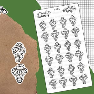 Könnte beinhalten: Blatt mit schwarz-weißen Aufklebern mit einer Gänseblümchen-Figur, die Bubble Tea hält. Die Aufkleber sind mit "Lil' Sprout Stationery" und "Bubble Tea with Polly!" beschriftet.