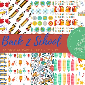 Back 2 School Digital Paper Pack, Pencils, School Supplies, Bus, ABCs, 123s, Apple, Scrapbook Papers, PRINTABLE, Sublimation, For Crafting