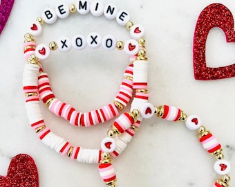 Personalized Valentine's Day Bracelet Set: Be Mine, XOXO, Heart - Custom Sizing