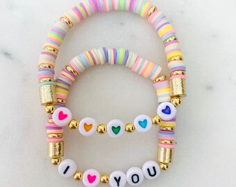 I Love You Rainbow Bracelet Set: Custom Heishi Bead Bracelet