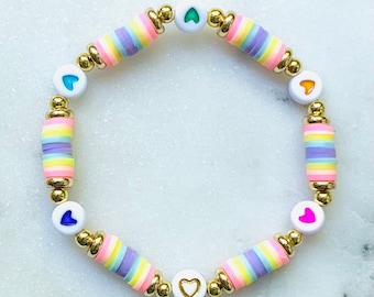 Rainbow Heishi Bracelet: Gold Accents, Heart Beads, Custom Name