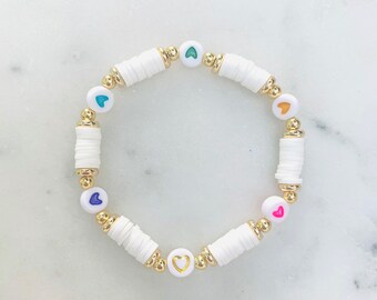 Rainbow Heart Bracelet: White Heishi Beads, Gold Accents, Custom Name