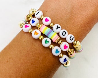 Personalized Name Bracelet: Rainbow Heart Heishi Bead Set