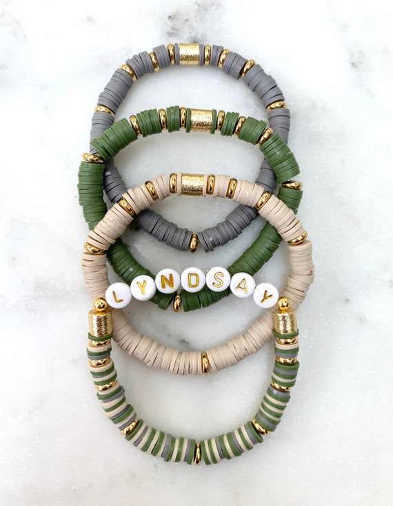 Bespoke Clay Bead Bracelet | Add A Name | Rainforest Colours | Green Bracelet | Personalised Bracelet | Tropical Clay Bead Bracelet