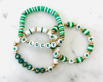 Personalized St. Patrick's Day Bracelet Set: Shamrock, Lucky, Kiss Me