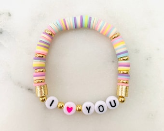 I Love You Heishi Bracelet: Pastel Rainbow, Gold Accents