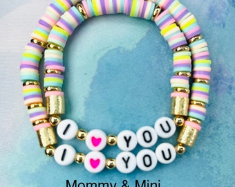 Mama and Mini 'I Love You' Bracelet Set: Pastel Rainbow Heishi Beads