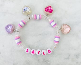 Personalized Heart Jewel Charm Bracelet: Colorful Heishi Bead Bracelet