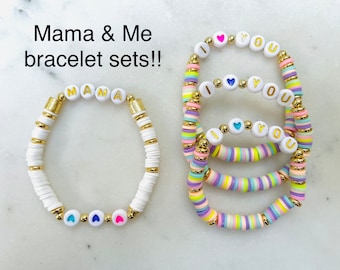 Mama and Mini Bracelet Set: Rainbow Heishi Bead, Custom 'I Love You'