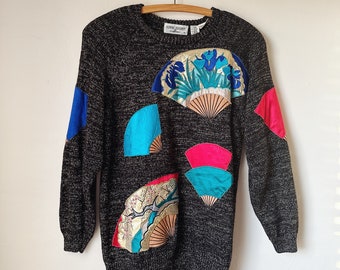 Vintage Long Sleeve Sweater with Colorful Fans