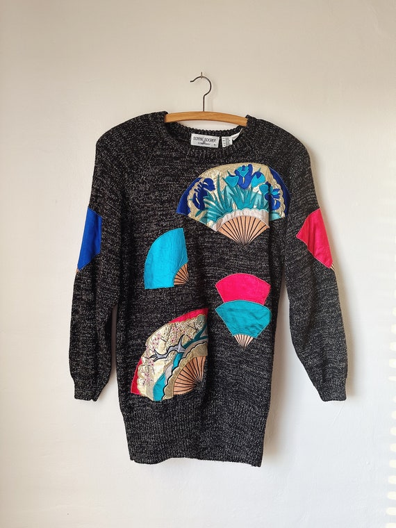 Vintage Long Sleeve Sweater with Colorful Fans