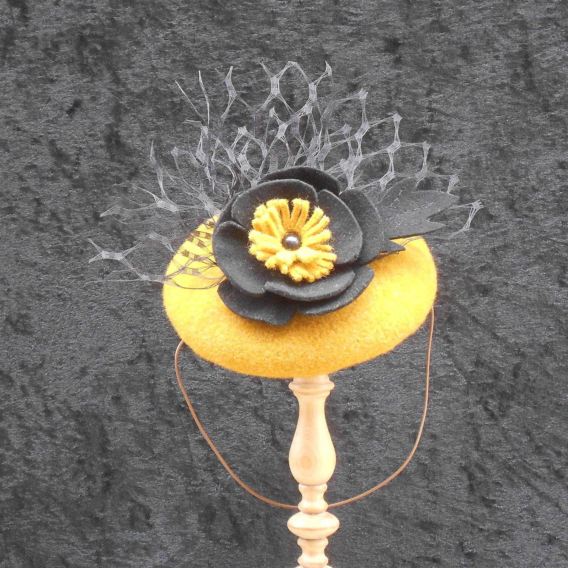 Wool felt veil cocktail hat mustard Mustard Wool Felt Fascinator: Black Poppy Cocktail Hat - Etsy main image 4