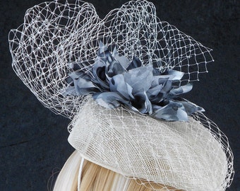 Grey pillbox hat , sloped pillbox hat , fascinator , event headpiece , flower , veiling , beads , ooak , handmade UK.