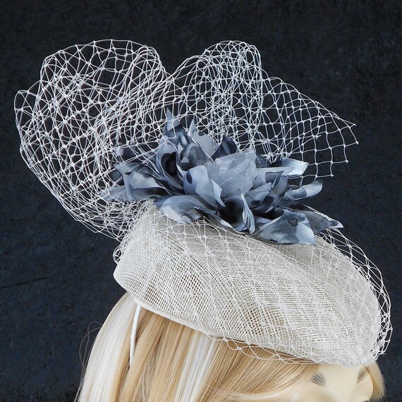 Grey Pillbox Hat: Handmade Sinamay Fascinator With Flower  display picture 2