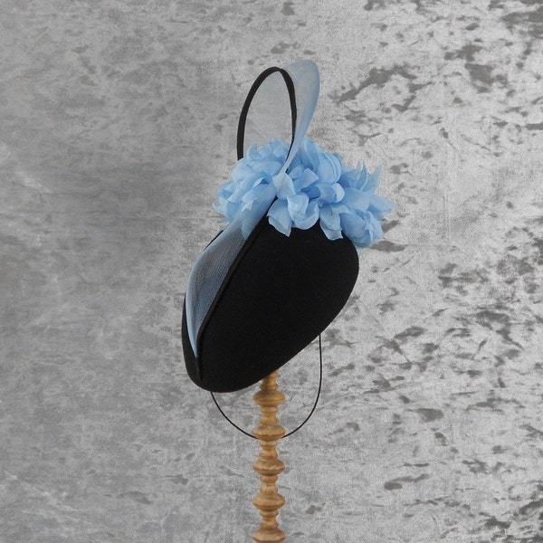Black and blue hat , Cheltenham , wool felt , black , blue , Crinoline , swirl , flower , modern , unique, small business , handmade UK .