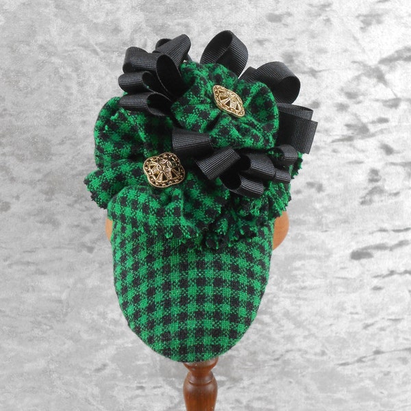 Black and Green Checked Bandeau Fascinator , hat , Cheltenham , wool , flowers , unique , small business , made UK  .