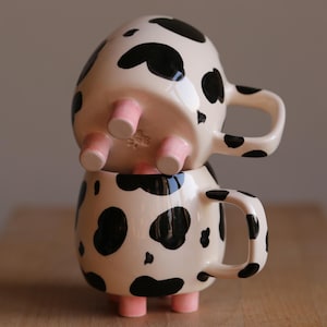 Hand Crafted Coffee Mug with Handle Set of 2, White Tea Cup with Black Cow Spots and Pink Udders, Country Home Decor