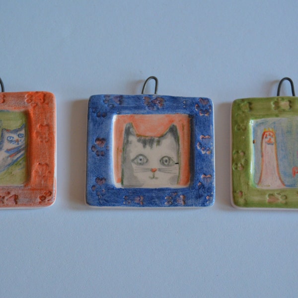 3 Piece Small Ceramic Wall Art Set, Cat Illüstration Tile Decor, Clay Wall Hanging Ornament Art, Bohemian Decoration, Animal Lovers Gift