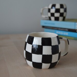 Black And White Checkered Ceramic Mug, Kitchen Decor, Hand Painted Clay Tea Cup, Housewarming Gift, Best Friend Gift, Home Decor, They Gift