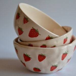 Strawberry Pattern Handmade Ceramic Bowl, Mom Gift, Cute Bowl, Kitchen Accessories, Strawberry Ceramic Bowl Kitchen Gift, Best Friend Gift image 1