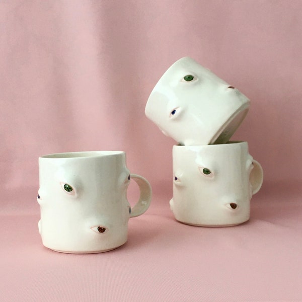 Ivory Clay Colorful Eyes Hand Painted Coffee Mug, Funky Tea Mug, Unique Ceramic Mug, Gift for Her, Housewarming Gift, Modern Kitchen Decor