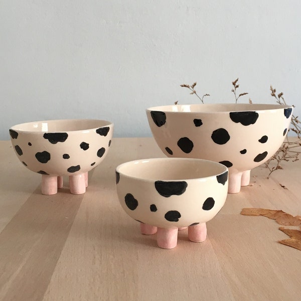 Polka Dot schattige koe keramische kom set van 3, modern keukendecor, roze pot aardewerk, housewarmingcadeau, cadeau voor moeder, woondecoratie