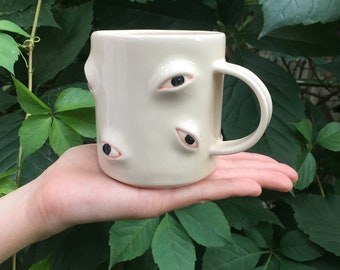 Black Eyes Coffee Mug, Large Clay Tea Mug, Hand Painted Coffee Pottery Mug, Funky Mug, Gift for Them, Housewarming Gift, Clay Kitchenware