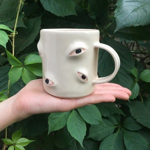 Black Eyes Coffee Mug, Large Clay Tea Mug, Hand Painted Coffee Pottery Mug, Funky Mug, Gift for Them, Housewarming Gift, Clay Kitchenware