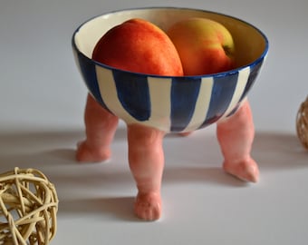 Blue Striped Hand Painted Pink Baby Footed Ceramic Bowl, Fun Art Home Decor, Fruit Decorative Bowl, Pottery Design, Personalized Funky Gift