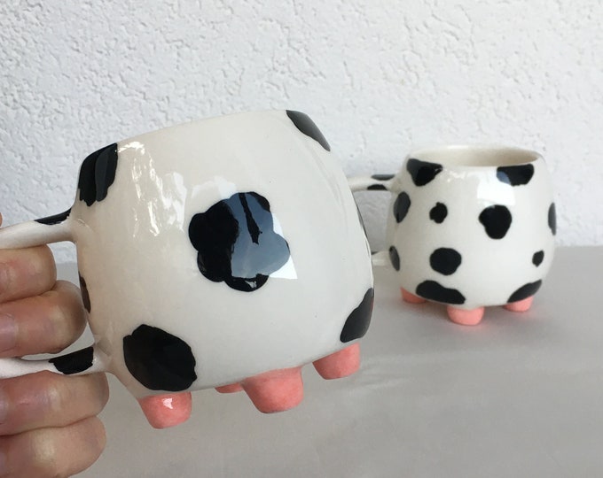 Polka Dot Cute Set of 2 Cow Clay Coffee Mugs, Black and White Kitchen Decor, Hand Painted Pottery Tea Cups, Best Friend Gift, Ceramic Art